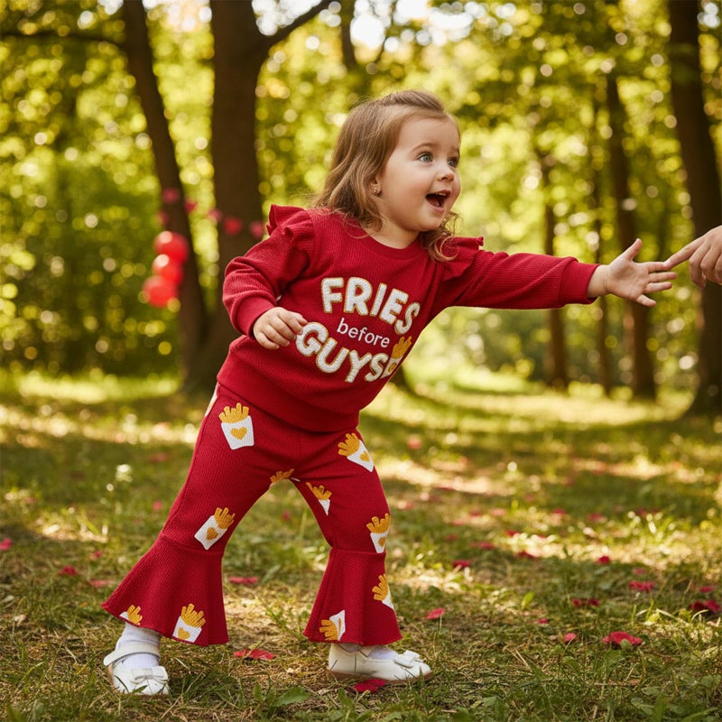 Socutebabe Toddler Baby Girl Valentines Day Outfit Fries Before Guys Sweatshirt Long Sleeve Pullover Flare Pants Cute Clothes (Fries Before Guys-Red, 6-12M) - Image 5