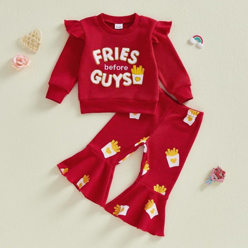 Socutebabe Toddler Baby Girl Valentines Day Outfit Fries Before Guys Sweatshirt Long Sleeve Pullover Flare Pants Cute Clothes (Fries Before Guys-Red, 6-12M) - Image 2