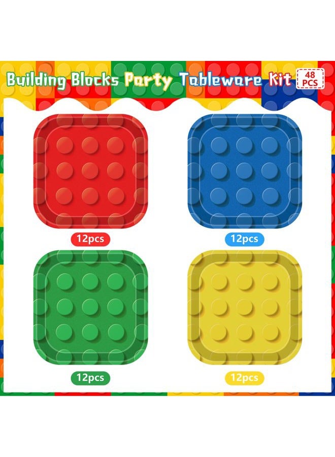 XIENBLOC 48Pcs Building Block Party Plates Building Bricks 7inch Birthday Paper Plates Birthday Party Supplies Colorful Paper Birthday Dessert Plates for Kids - Image 3