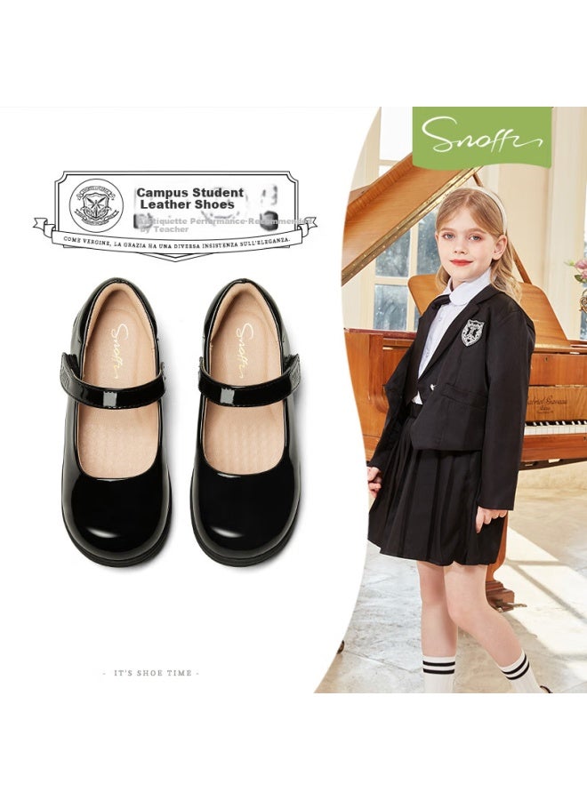 Snoffy Children's Black Leather Shoes Spring Girls Campus Etiquette Shoes Princess Shoes Medium And Large Children's Soft Bottom Performance Shoes Bright Black 35 - Image 1