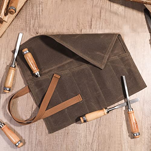 Denifiter Wrench Roll with 6 Pockets,Waxed Canvas Tool Pouch,Tool Roll Up Bag for Chisels, Hammers, Fishing jigs, Carving Knife(Grey) - Image 5