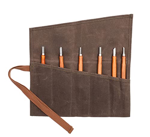 Denifiter Wrench Roll with 6 Pockets,Waxed Canvas Tool Pouch,Tool Roll Up Bag for Chisels, Hammers, Fishing jigs, Carving Knife(Grey) - Image 1