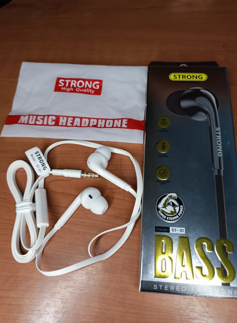 Strong ST-01 Wired Earphones with Microphone for Calls - White  - Image 3