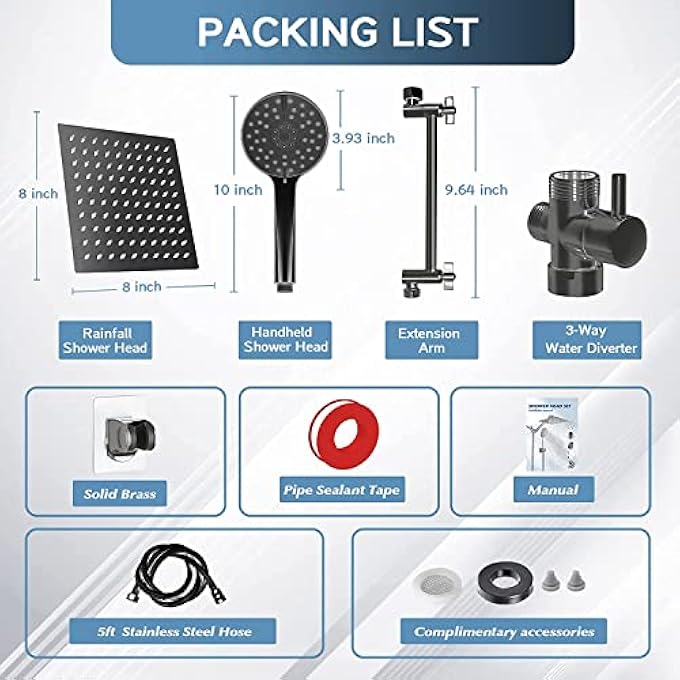 Shower Head 20cm Rain Head with Handheld Spray Combo High Pressure Heads ONOFF Pause Switch and 28cm Angle Adjustable Extension ArmFlow Regulator Easy to Clean Bathtub black - Image 3