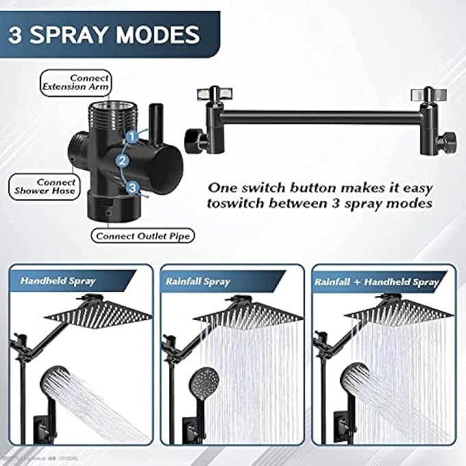 Shower Head 20cm Rain Head with Handheld Spray Combo High Pressure Heads ONOFF Pause Switch and 28cm Angle Adjustable Extension ArmFlow Regulator Easy to Clean Bathtub black - Image 4