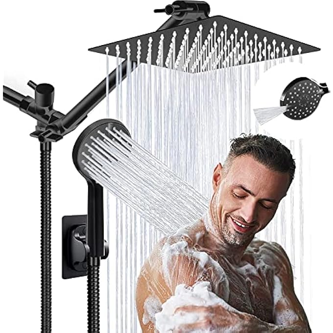 Shower Head 20cm Rain Head with Handheld Spray Combo High Pressure Heads ONOFF Pause Switch and 28cm Angle Adjustable Extension ArmFlow Regulator Easy to Clean Bathtub black - Image 1