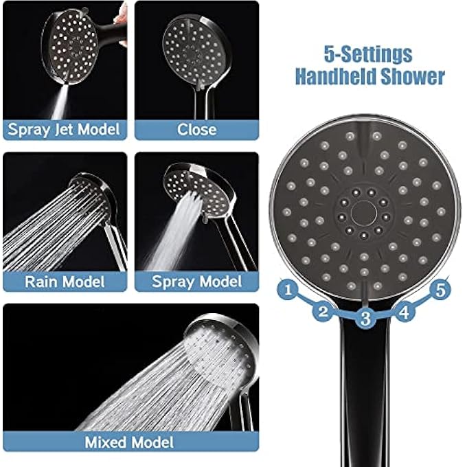 Shower Head 20cm Rain Head with Handheld Spray Combo High Pressure Heads ONOFF Pause Switch and 28cm Angle Adjustable Extension ArmFlow Regulator Easy to Clean Bathtub black - Image 5