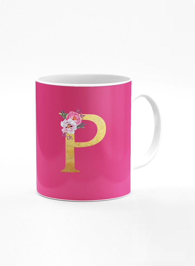 Stylizedd Designer Printed Coffee Mug 11oz Ceramic Personalised Gift Mugs Cup -Custom Monogram Initial Letter Floral Pattern Alphabet - P (Dark Pink Rose) - Image 1