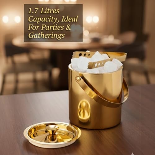 Exclusivish Shiny PVD Gold Stainless Steel Double Walled Ice Bucket with Tong (1.7 litres) | Insulated Ice Box Small, Ice Cube Box | Wedding for Couple, Home Bar Gift Set - Image 3
