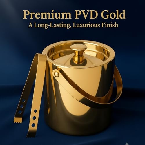Exclusivish Shiny PVD Gold Stainless Steel Double Walled Ice Bucket with Tong (1.7 litres) | Insulated Ice Box Small, Ice Cube Box | Wedding for Couple, Home Bar Gift Set - Image 2