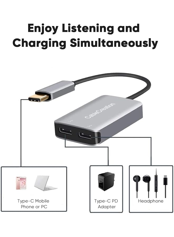 CableCreation Usb C Headphone Audio Adapter 2 In 1 Type C To Dual Type C Hub Digital Audio& Pd Charging Adapter Usb C Splitter For Google Pixel 2 3 Galaxy Note 9 S8 S9 S10 - Image 5