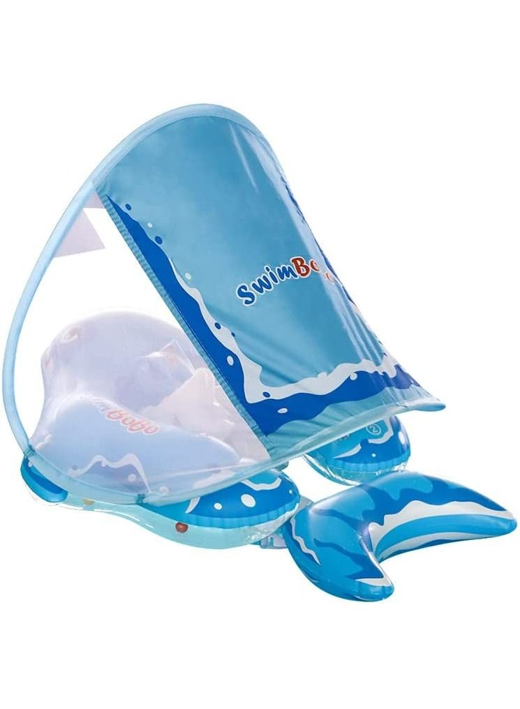 LIMOS Baby Swimming Pool Inflatable Float Ring with Sun Protection Canopy and Safety Tail (L Shark Blue) - Image 3