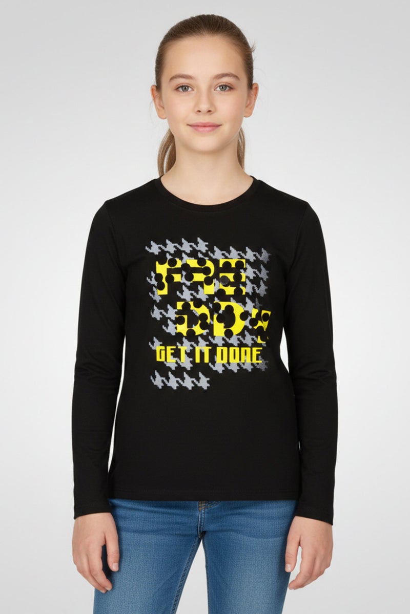 FREDDY Kids Girl Round Neck Long Sleeve Printed Tees, Black - Image 1