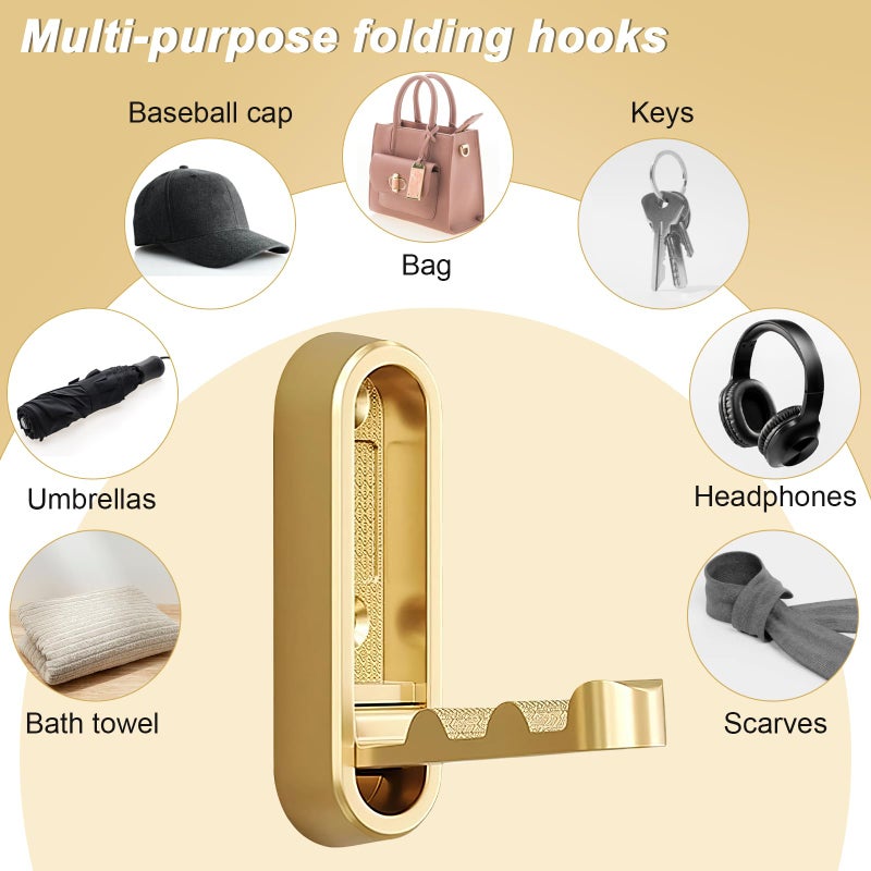 hongliang 2Pcs Gold Folding Wall Hooks Heavy Duty Foldable Coat Hooks for Hanging Towels Clothes Bags Keys Bathroom Bedroom Closet - Image 4