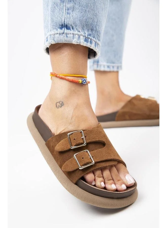 Lirio Women's Genuine Leather Single Band Double Buckle Slip-On Slipper