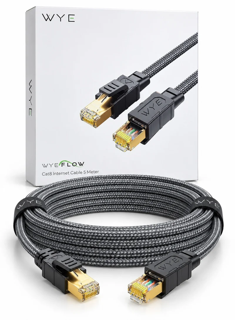 واي كابل إيثرنت Cat8 من WYEFLOW بطول 5 أمتار، سرعة 40 جيجابت في الثانية 2000 ميجاهرتز، موصلات RJ45 مطلية بالذهب، سلك شبكة LAN مضفر