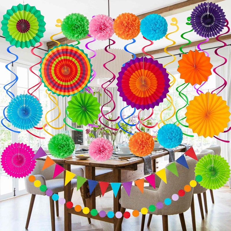 Labrostar 32Pcs Cinco De Mayo Decorations Fiesta Party Decorations Multi-Color Paper Fans Garlands Pennant Pom Poms Hanging Swirls for Birthday Wedding Rainbow Mexican Party - Image 5