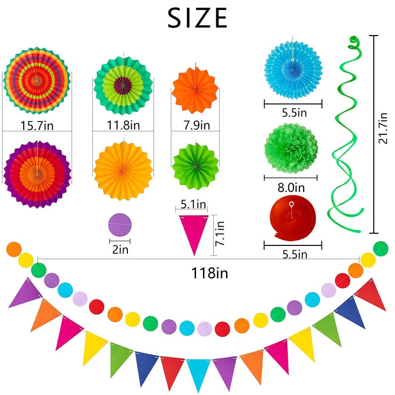 Labrostar 32Pcs Cinco De Mayo Decorations Fiesta Party Decorations Multi-Color Paper Fans Garlands Pennant Pom Poms Hanging Swirls for Birthday Wedding Rainbow Mexican Party - Image 4