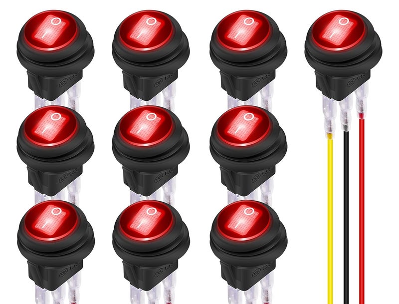 DAIERTEK 12V Round Rocker Switch Waterproof Red LED Round Toggle Switch Lighted DC 12 Volt 20A ON Off 3 Pin SPST for Marine Boat Automotive Car - 10 Pack - Image 1