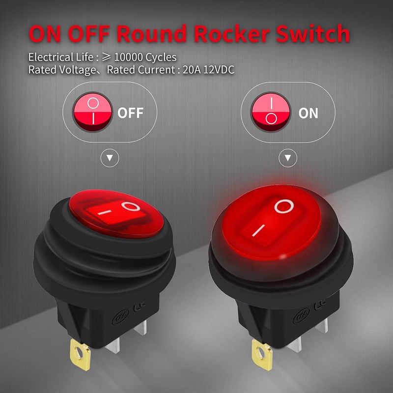 DAIERTEK 12V Round Rocker Switch Waterproof Red LED Round Toggle Switch Lighted DC 12 Volt 20A ON Off 3 Pin SPST for Marine Boat Automotive Car - 10 Pack - Image 2