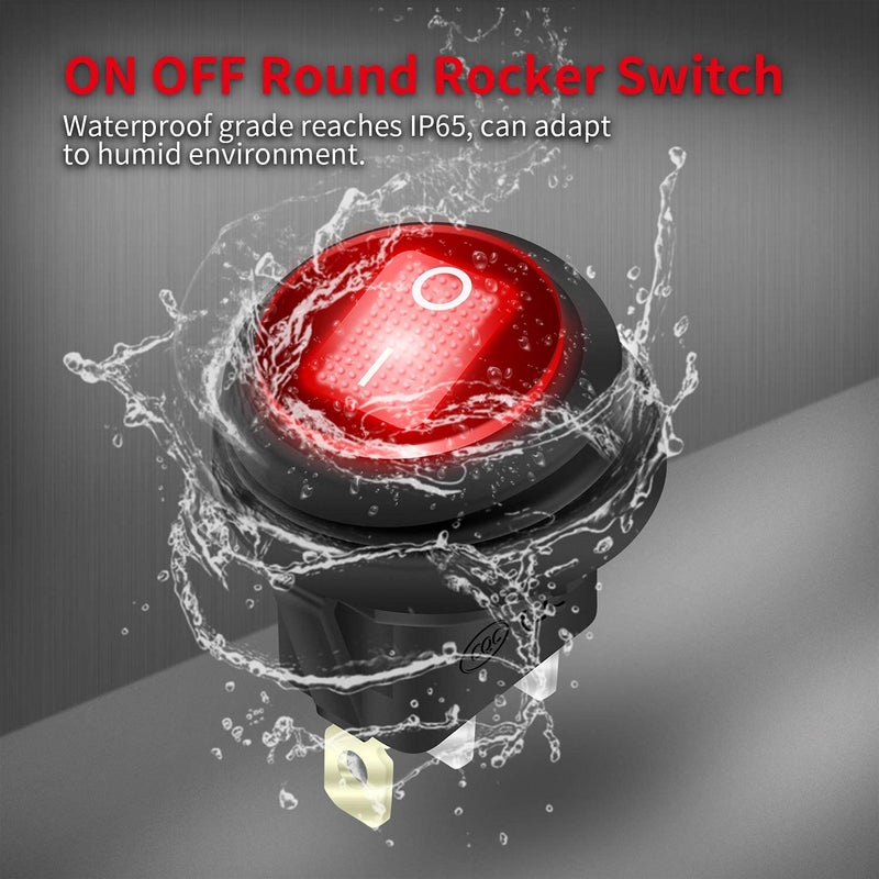 DAIERTEK 12V Round Rocker Switch Waterproof Red LED Round Toggle Switch Lighted DC 12 Volt 20A ON Off 3 Pin SPST for Marine Boat Automotive Car - 10 Pack - Image 4