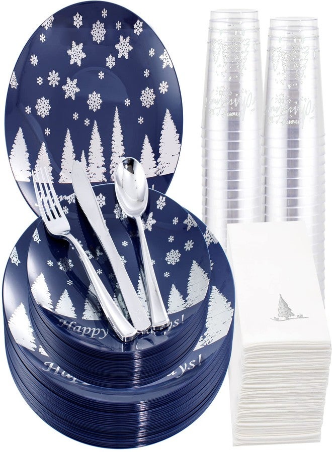 Hioasis 175PCS Christmas Plastic Plates - Blue and Silver Disposable Plastic Plates Include 25Dinner Plates-25 Dessert Plates-25 Forks-25 Knives-25 Spoons-25 Cups and 25 Napkins Perfect for Christmas - Image 1