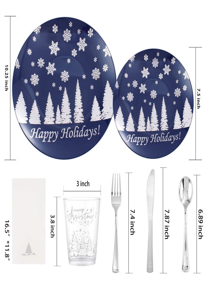 Hioasis 175PCS Christmas Plastic Plates - Blue and Silver Disposable Plastic Plates Include 25Dinner Plates-25 Dessert Plates-25 Forks-25 Knives-25 Spoons-25 Cups and 25 Napkins Perfect for Christmas - Image 2