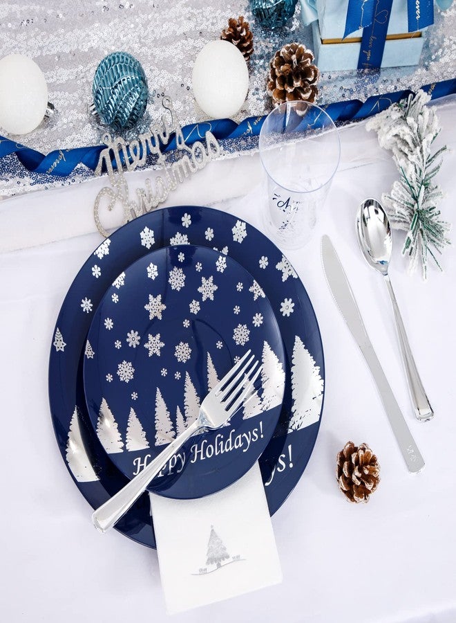Hioasis 175PCS Christmas Plastic Plates - Blue and Silver Disposable Plastic Plates Include 25Dinner Plates-25 Dessert Plates-25 Forks-25 Knives-25 Spoons-25 Cups and 25 Napkins Perfect for Christmas - Image 4