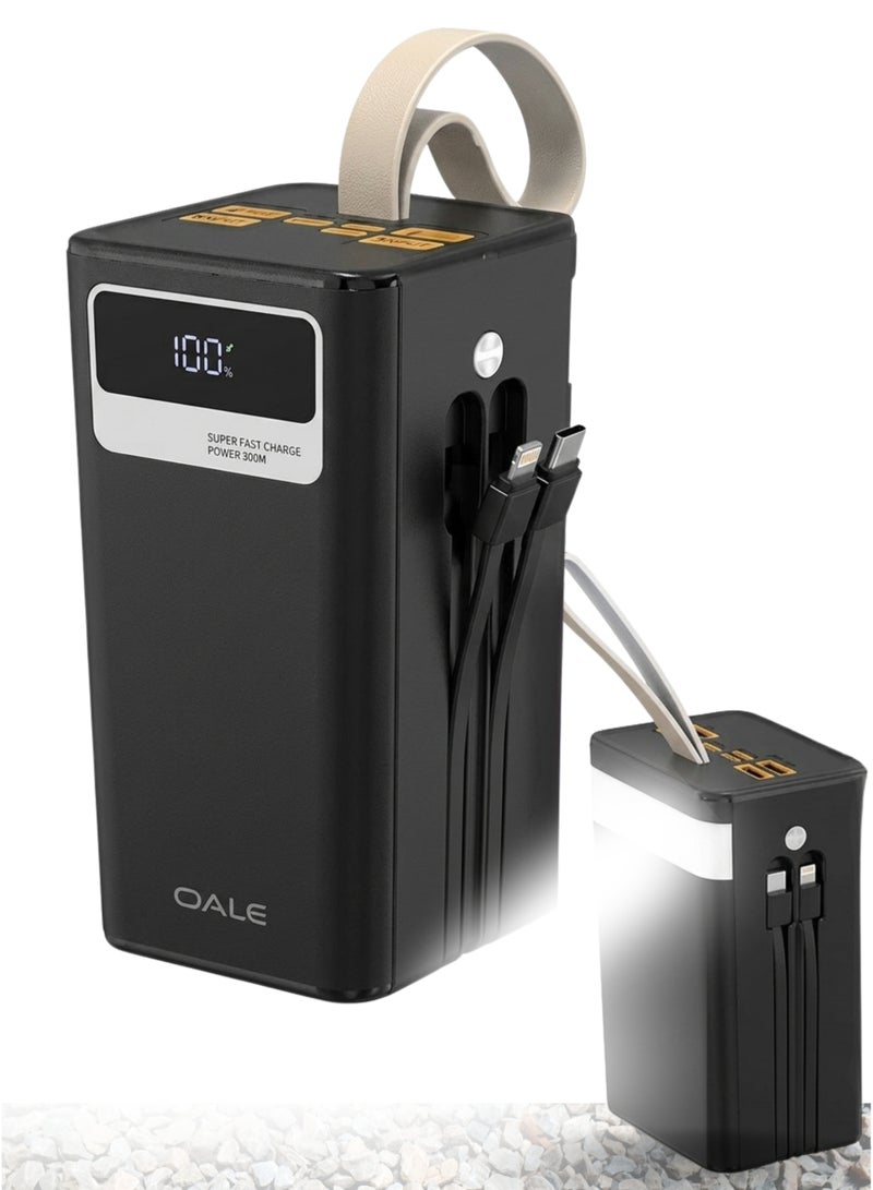 OALE Olae 50000mAh Power Bank with 22.5W Fast Charging | 4 In-Built Interchangeable Cables + 7 Ports (4 USB + 2 Type-C + 1 USBA ) | LCD Display | Emergency LED Lamp | Outdoor Backup Battery for iPhone 15/14/13, Samsung S24/S23, Xiaomi, OnePlus, Pixel | Black - Image 1