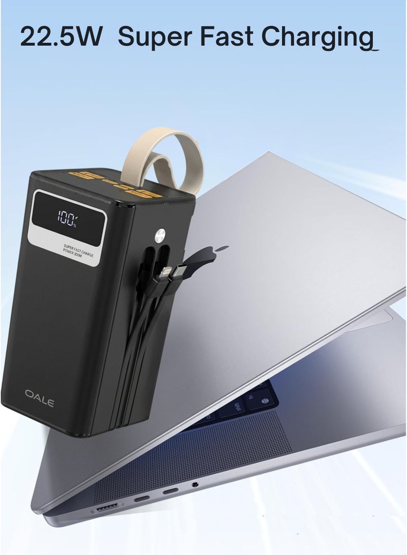 OALE Olae 50000mAh Power Bank with 22.5W Fast Charging | 4 In-Built Interchangeable Cables + 7 Ports (4 USB + 2 Type-C + 1 USBA ) | LCD Display | Emergency LED Lamp | Outdoor Backup Battery for iPhone 15/14/13, Samsung S24/S23, Xiaomi, OnePlus, Pixel | Black - Image 2