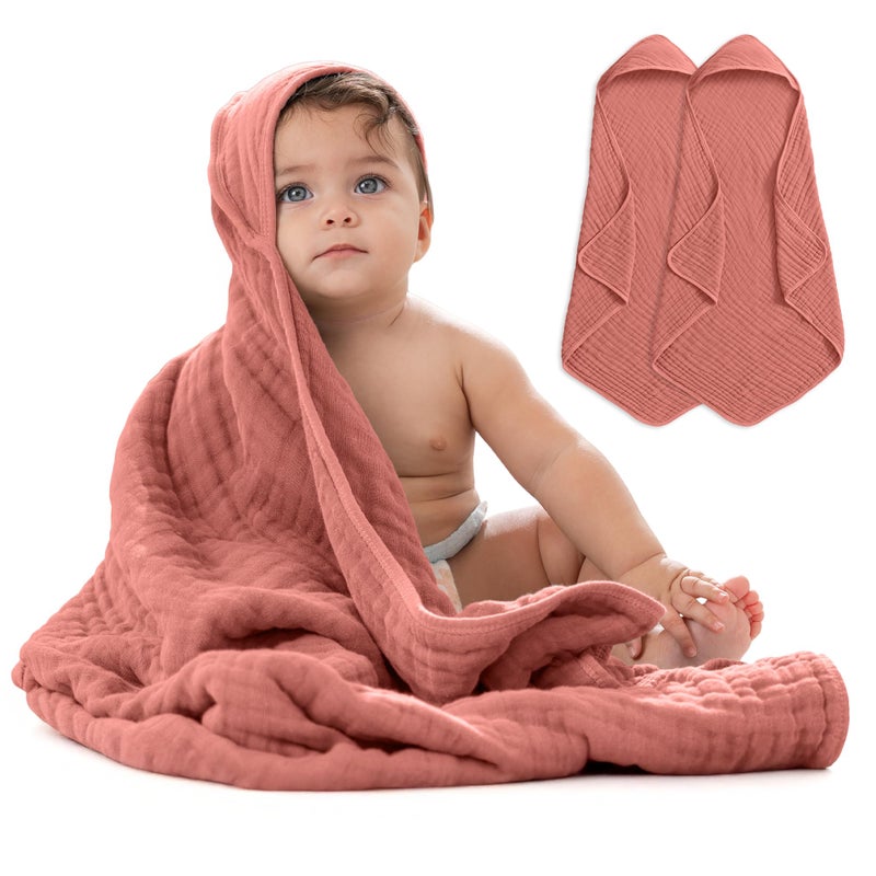 كومفي كلوبس منشفة أطفال بغطاء رأس من Comfy Cubs مقاس كبير 32 × 32 بوصة - 6 طبقات من قطن الموسلين بنسبة 100% للأطفال الصغار والأطفال - مناشف حمام أطفال ناعمة وماصة - تصميم للجنسين لوقت الاستحمام - وردة مغبرة - Image 1
