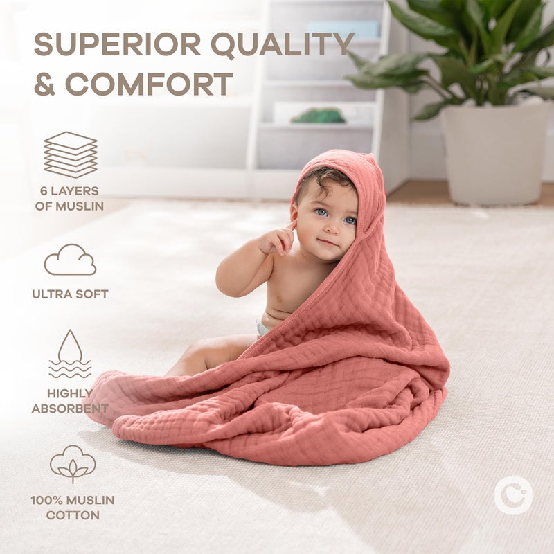 كومفي كلوبس منشفة أطفال بغطاء رأس من Comfy Cubs مقاس كبير 32 × 32 بوصة - 6 طبقات من قطن الموسلين بنسبة 100% للأطفال الصغار والأطفال - مناشف حمام أطفال ناعمة وماصة - تصميم للجنسين لوقت الاستحمام - وردة مغبرة - Image 4