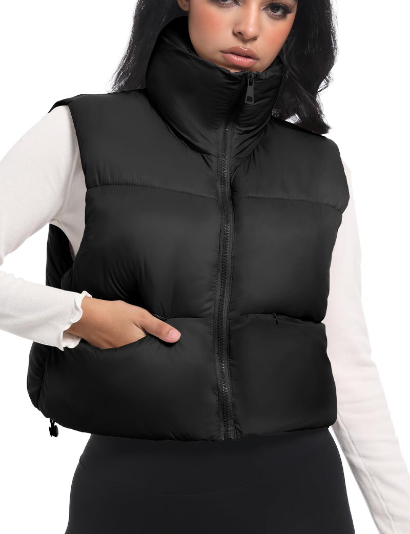 Buauty Cropped Winter Black Puffer Vest for Women 2025, Girls Mini Puffy Vest with Pockets, Crop Sleeveless Zip Up Stand Collar Bubble Vest, Short Cute Winter Clothes Jackets Warm Outerwear Trendy BLA - Image 1