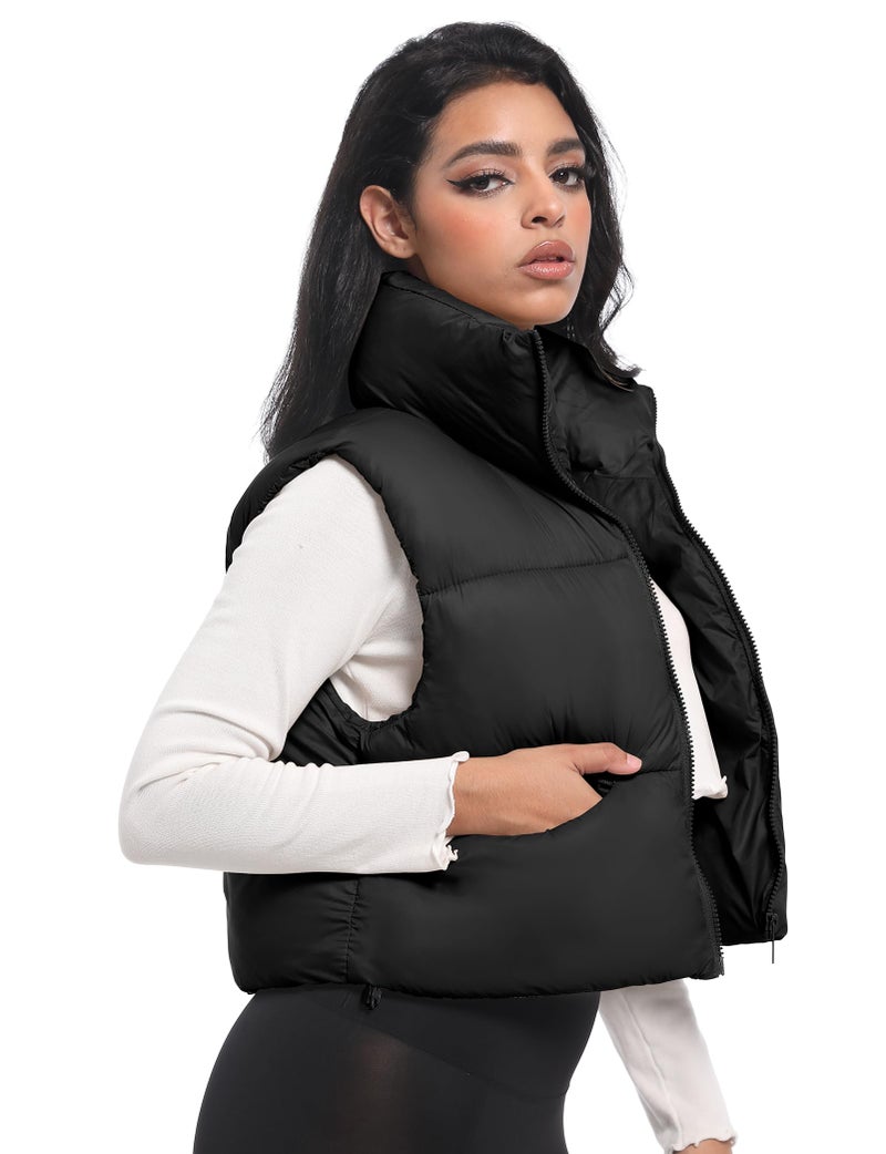 Buauty Cropped Winter Black Puffer Vest for Women 2025, Girls Mini Puffy Vest with Pockets, Crop Sleeveless Zip Up Stand Collar Bubble Vest, Short Cute Winter Clothes Jackets Warm Outerwear Trendy BLA - Image 4