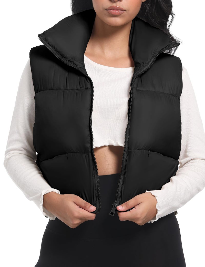 Buauty Cropped Winter Black Puffer Vest for Women 2025, Girls Mini Puffy Vest with Pockets, Crop Sleeveless Zip Up Stand Collar Bubble Vest, Short Cute Winter Clothes Jackets Warm Outerwear Trendy BLA - Image 2