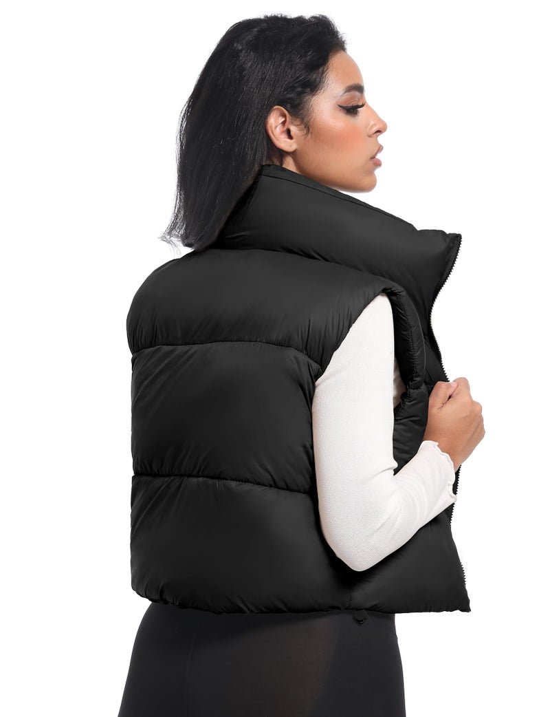 Buauty Cropped Winter Black Puffer Vest for Women 2025, Girls Mini Puffy Vest with Pockets, Crop Sleeveless Zip Up Stand Collar Bubble Vest, Short Cute Winter Clothes Jackets Warm Outerwear Trendy BLA - Image 5