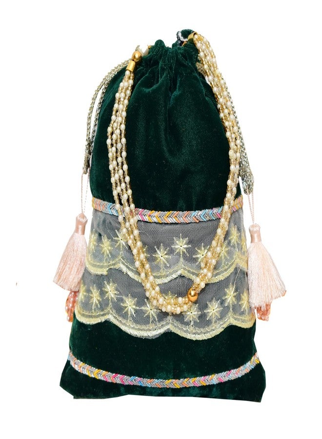 Dulhan Velvet Potli Bag with Pearl Handle | Sequin Tissue Lace Zari Tassels and Resham Dori | Green Soft Padded Wedding Shagun Pouch for Return Gifts, Wedding, Winter and Festive Use (Pack of 1) - Image 1