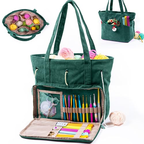 MYBAGZING Large Yarn Tote Organizer Corduroy Knitting Storage Holder for Yarn Hooks Accessories Portable Craft Carryall for Crocheting Lovers Mothers Day Gift - Image 1