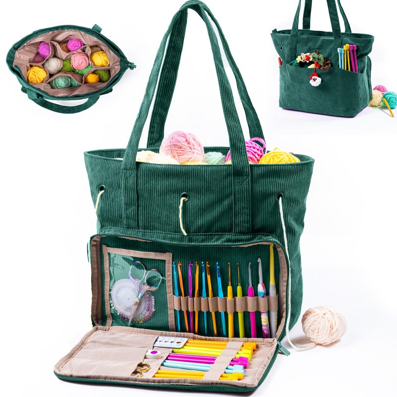 MYBAGZING Large Yarn Tote Organizer Corduroy Knitting Storage Holder for Yarn Hooks Accessories Portable Craft Carryall for Crocheting Lovers Mothers Day Gift - Image 2