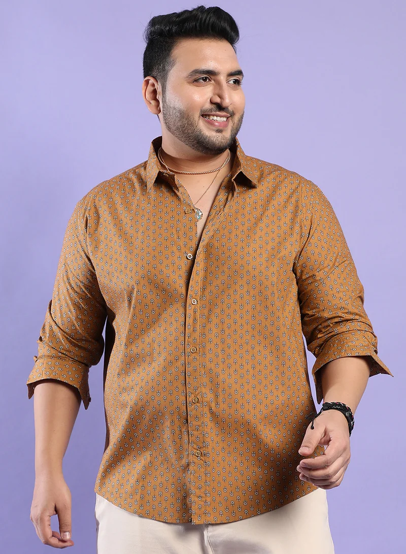 Instafab Plus Instafab Plus Men's Tan Brown Micro Flower Shirt For Casual Wear | Spread Collar | Long Sleeve | Button Closure | Cotton Shirt Crafted With Comfort Fit For Everyday Wear