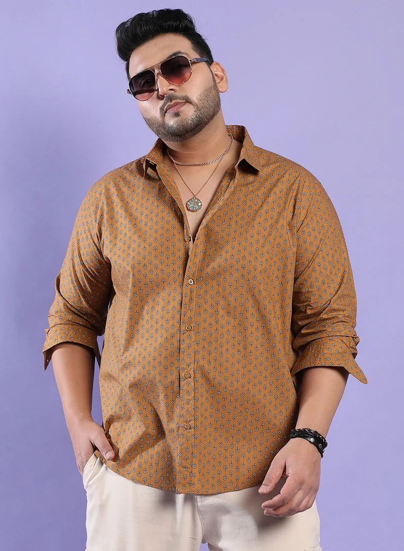 Instafab Plus Instafab Plus Men's Tan Brown Micro Flower Shirt For Casual Wear | Spread Collar | Long Sleeve | Button Closure | Cotton Shirt Crafted With Comfort Fit For Everyday Wear