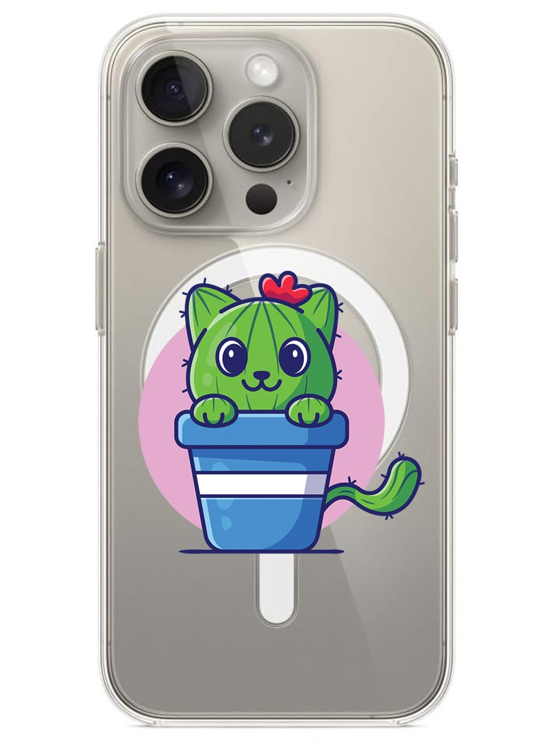 Theodor Magnetic Case for iPhone 15 Pro 6.1-inch Compatible with MagSafe Wireless Charging, Shockproof Phone Bumper Cover Cute Cat Cactus - Image 1
