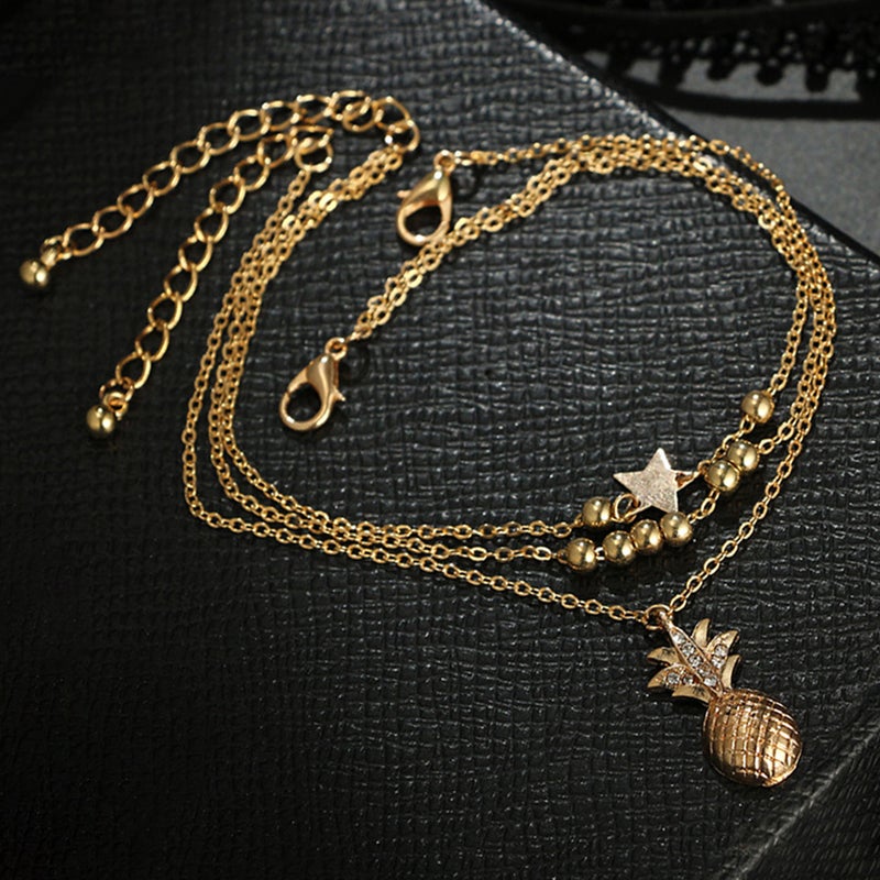 Fashion Alloy Multi-layer Tassel Beads Star Pineapple Bracelets for Women Jewelry Foot Chain Anklets Accessories (Gold) - Image 3