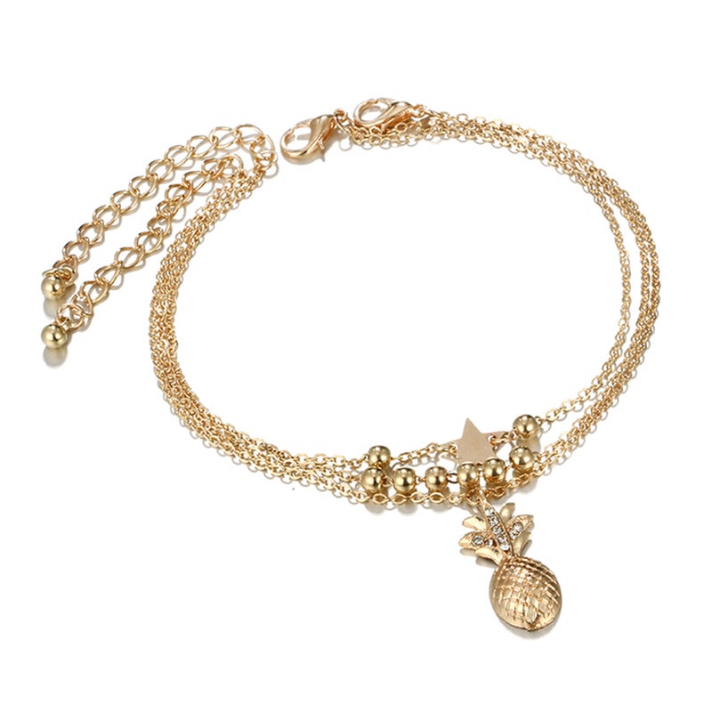 Fashion Alloy Multi-layer Tassel Beads Star Pineapple Bracelets for Women Jewelry Foot Chain Anklets Accessories (Gold) - Image 1