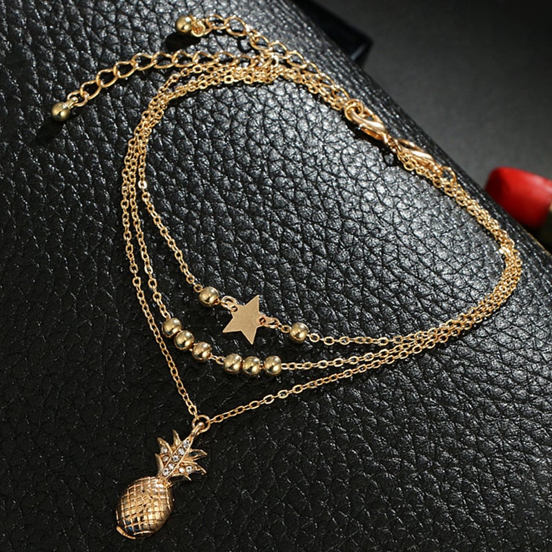 Fashion Alloy Multi-layer Tassel Beads Star Pineapple Bracelets for Women Jewelry Foot Chain Anklets Accessories (Gold) - Image 5