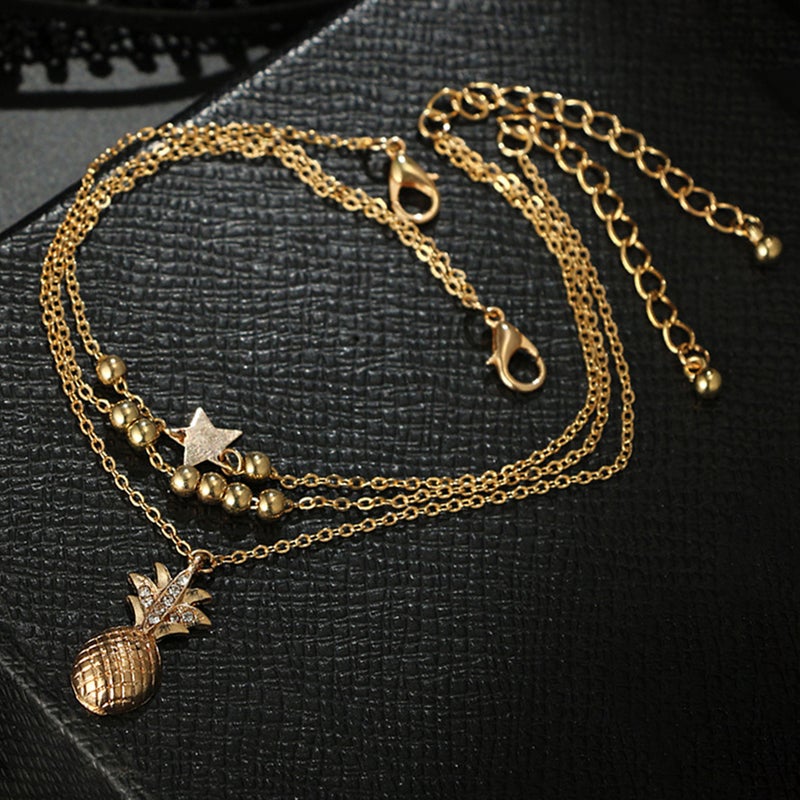 Fashion Alloy Multi-layer Tassel Beads Star Pineapple Bracelets for Women Jewelry Foot Chain Anklets Accessories (Gold) - Image 4