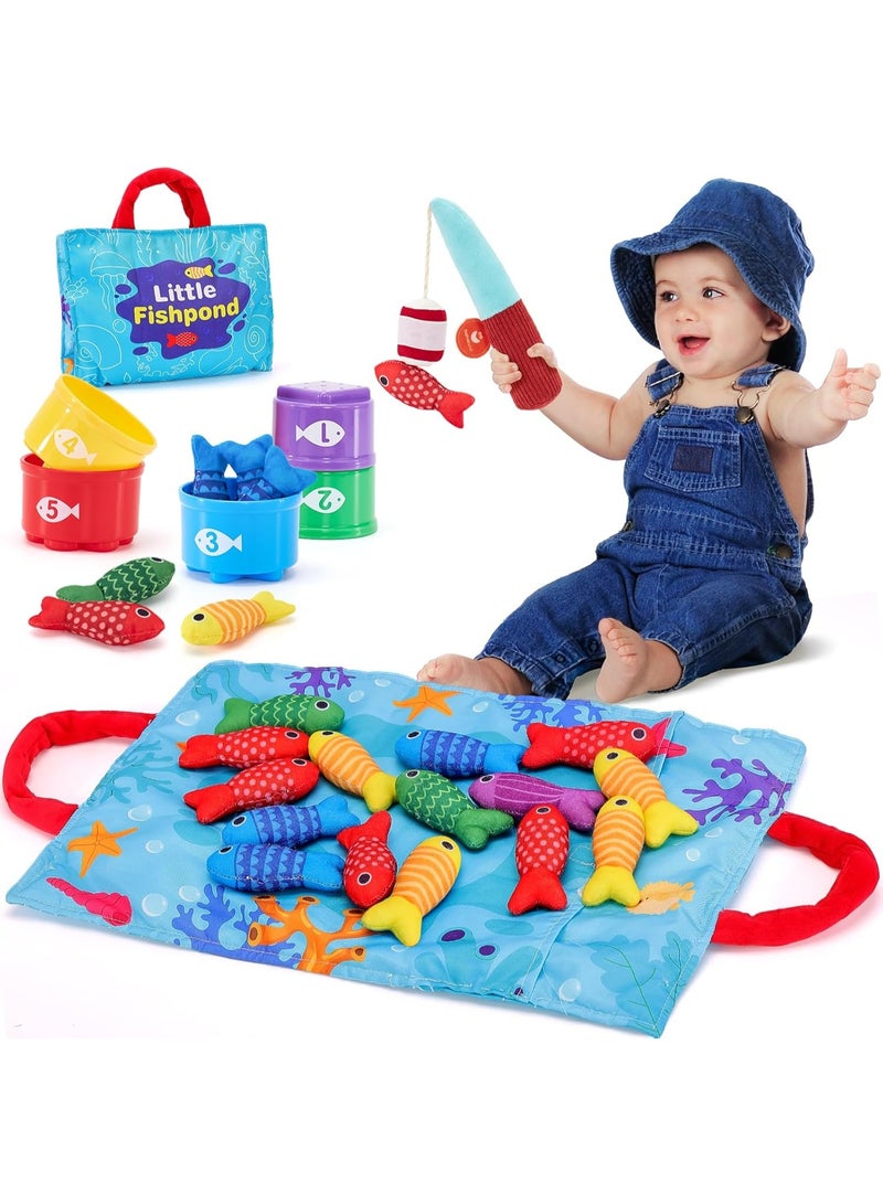 LBMT 10 in 1 Cloth Toddler Fishing Game with Stacking Cups, Baby Montessori Toys for 1 Year Old - Toy 12+ Months Boy/Girl Birthday Gift, Toddler Toys for 1+Years Old Boy Girl GiftsMontessori Toys - Image 1