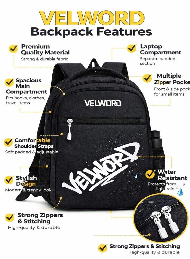 VELWORD Valex Laptop Backpack, 28L Capacity, 19 Inch Laptop Compartment, Cotton Material, Water Resistant, Black, Casual Style, Unisex (BLACK) - Image 3
