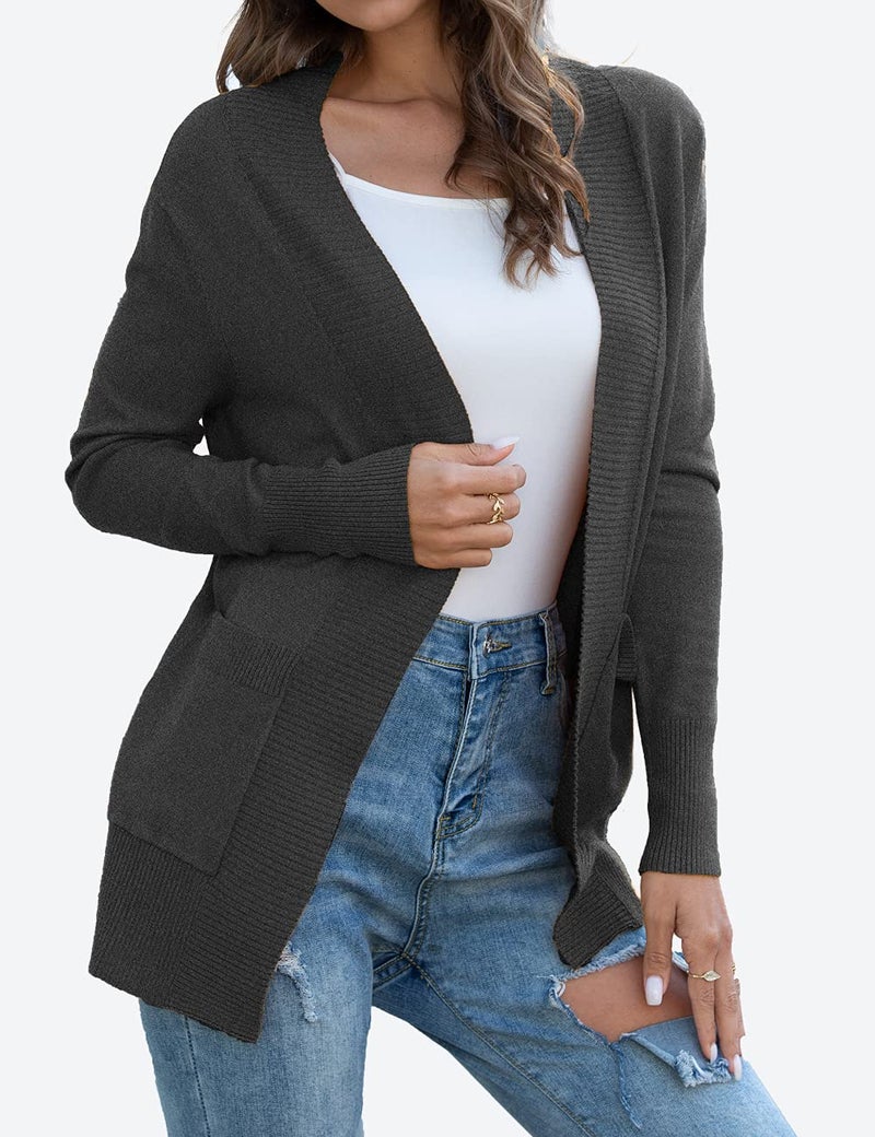 REDHOTYPE Women's Cardigan with Pockets Casual Open Front Lightweight Cardigans for Womens, Charcoal Black, Large - Image 2