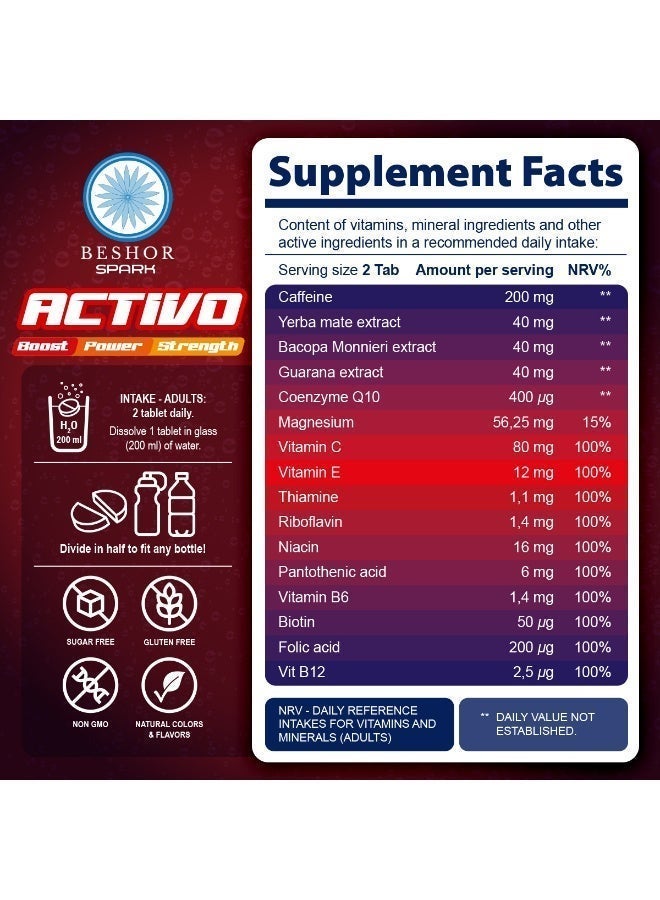 BESHOR Activo Energy Effervescent Multivitamin with Herbs and Caffeine -20Tablets -Fruit Flavor- Sugar Free - Image 2